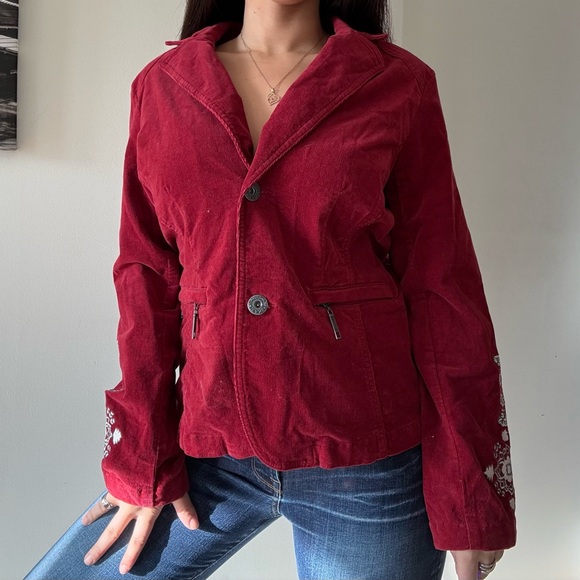 Y2K Red Velvet Embroidered Jacket Indie Fairy Grunge Cropped Blazer - Picture 2 of 10